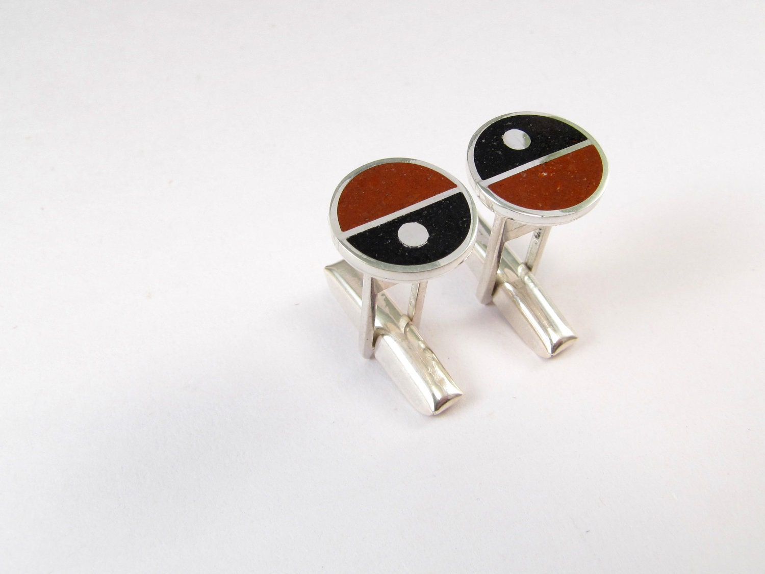 Sterling Silver Cufflinks - Divided Circles - Maroon and Black