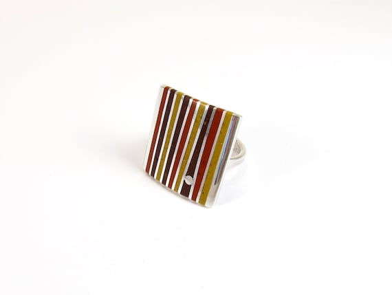 Sterling Silver Ring - Stripes - Lines - Geometric Design - Chocolate Mustard Maroon - Adjustable