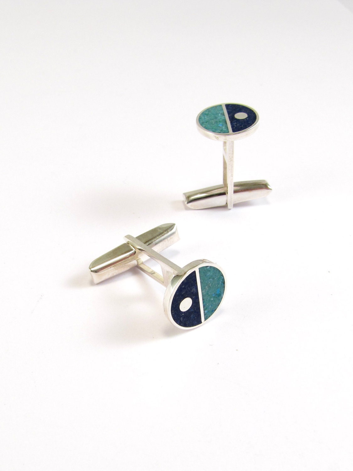 Sterling Silver Cufflinks - Valentines Day - Divided Circles - Blue and Turquoise
