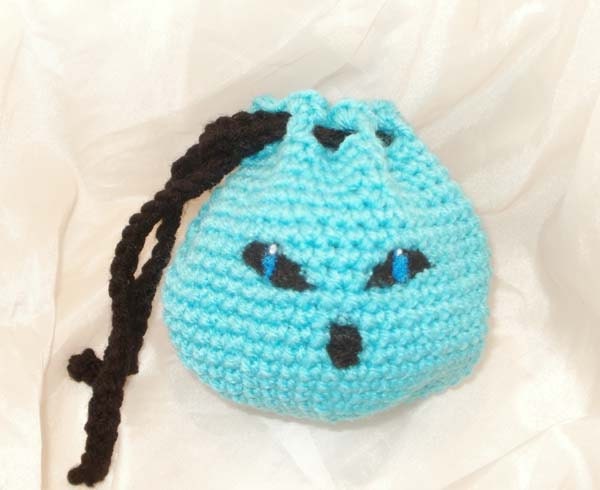 Amigurumi Drawstring Pouch Crochet Ice Blue Monster Alien Creepy-Cute