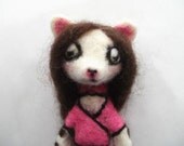 Needle Felted Japanese Kitty Cat Anime Manga Geeky Kitten Girl In A Pink And Yellow Flowered Chinese Dress Figurine Collectable