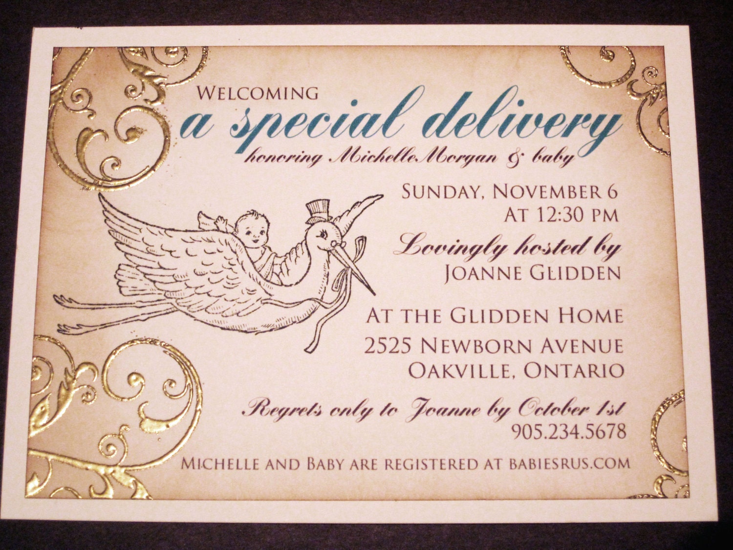 Baby Shower Invitation - A special delivery - baby and stork - vintage appearance - set of 20