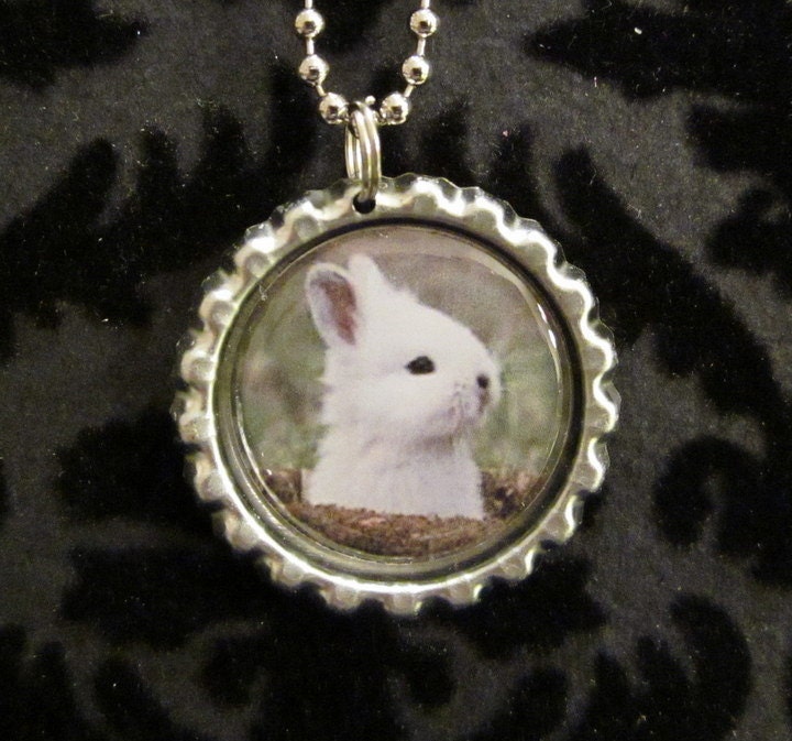 Cute Bunny Rabbit Bottle Cap Necklace or Keychain (BUNNY 101)