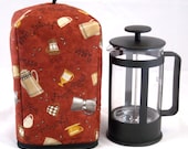 French Press Cozy - Bistro Cups on Rust Red - Standard 8 Cup Coffee / Tea Press