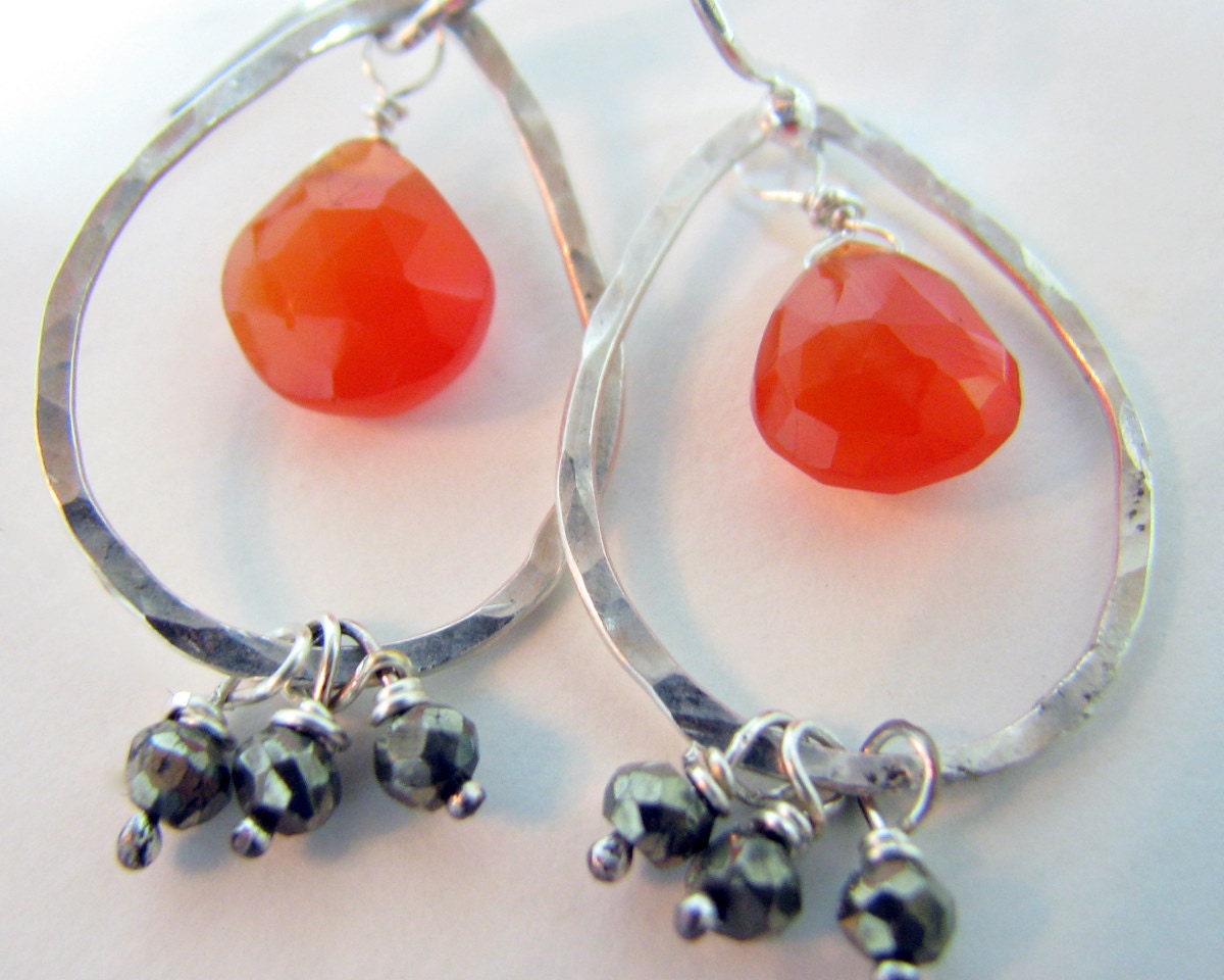 Gemstone Chandelier Earrings, Sterling Silver, Orange Carnelian, Pyrite