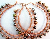 Wire Crochet Hoop Earrings Metallic Green Silver Copper Glass Beads
