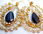 Wire Crochet Earrings Blue Goldstone Multi Gold Toned Crystals Hand Forged Gold Brass