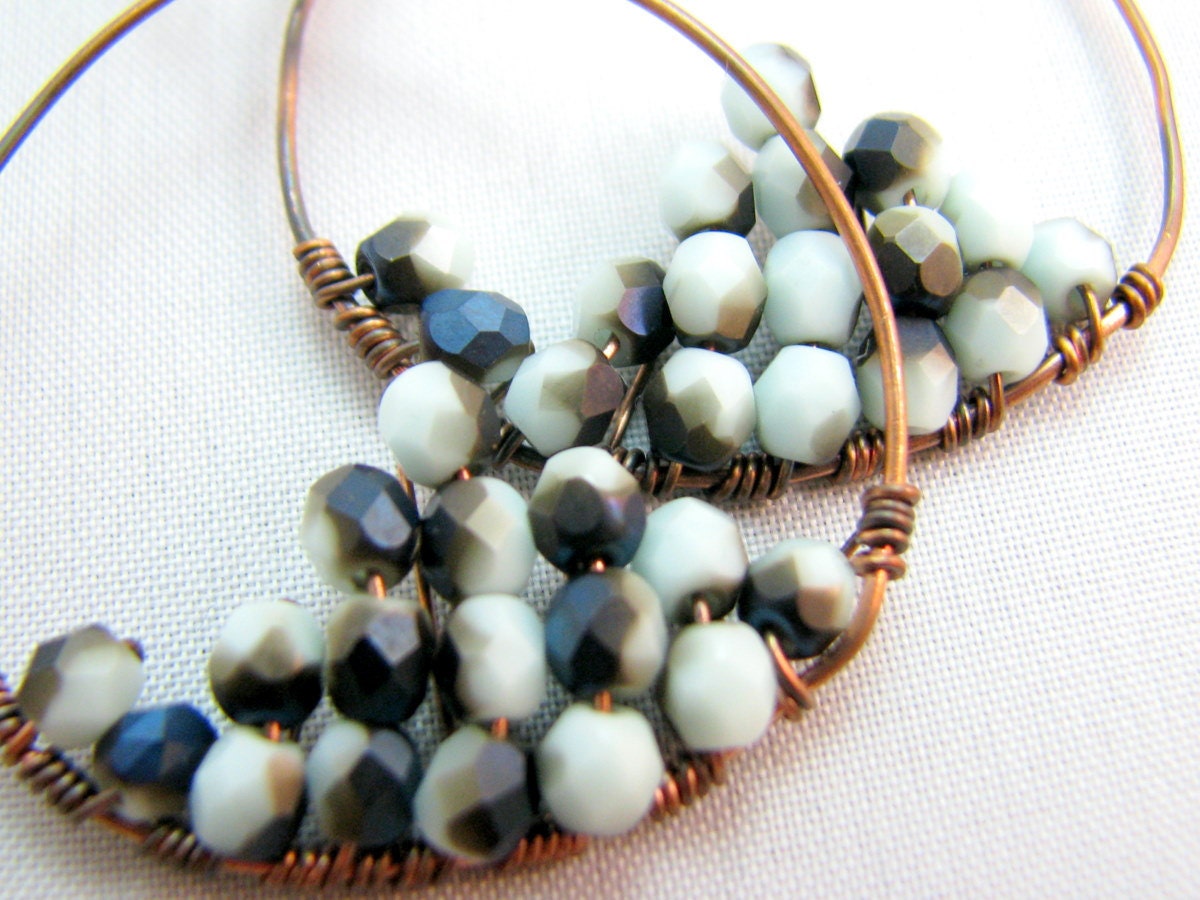 Hoop Earrings Oxidized Copper Stacked Midnight Iris Blue Czech Glass