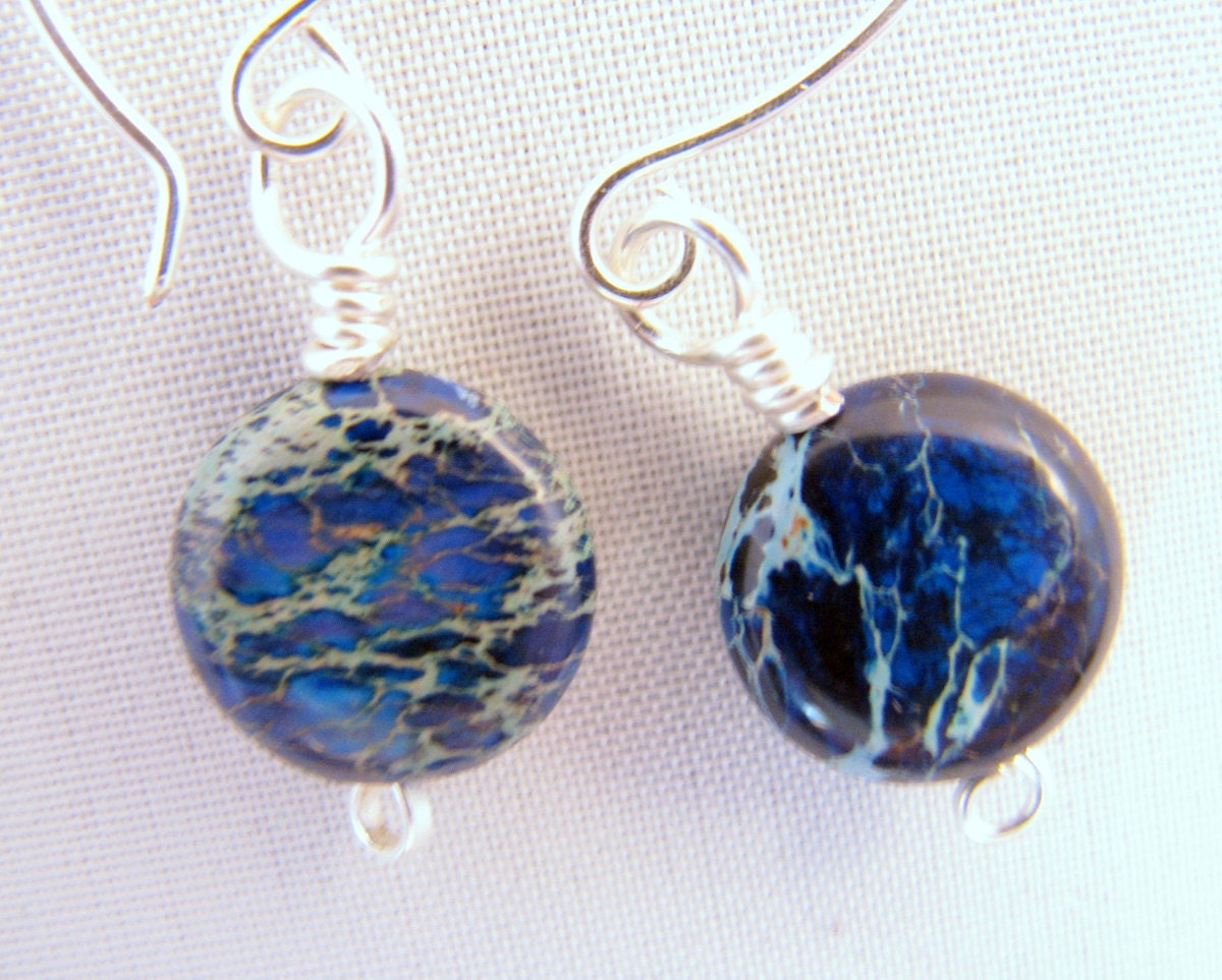 Gemstone Hoop Earrings, Imperial Jasper, Silver, Blue