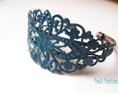 Shimmery Purple and Teal Cuff Bracelet, Hand Painted, Flower, Filigree Bracelet, Peacock, Gift for Her
