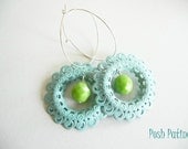 Green and Blue Earrings, Hoop, Hand Painted, Dangle, Shabby Chic Earrings, Filigree, Summer, Gift for Her