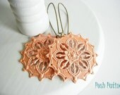 Peach Shimmer Earrings, Dangle, Hand Painted, Star, Flower Filigree Earrings, Gift for Her