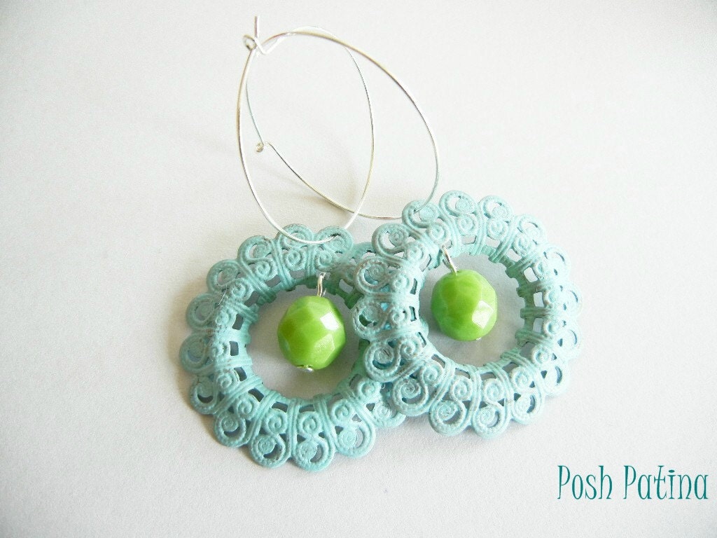 SummerTastic - Lime Green and Rustic Blue Hand Painted Hoop Earrings