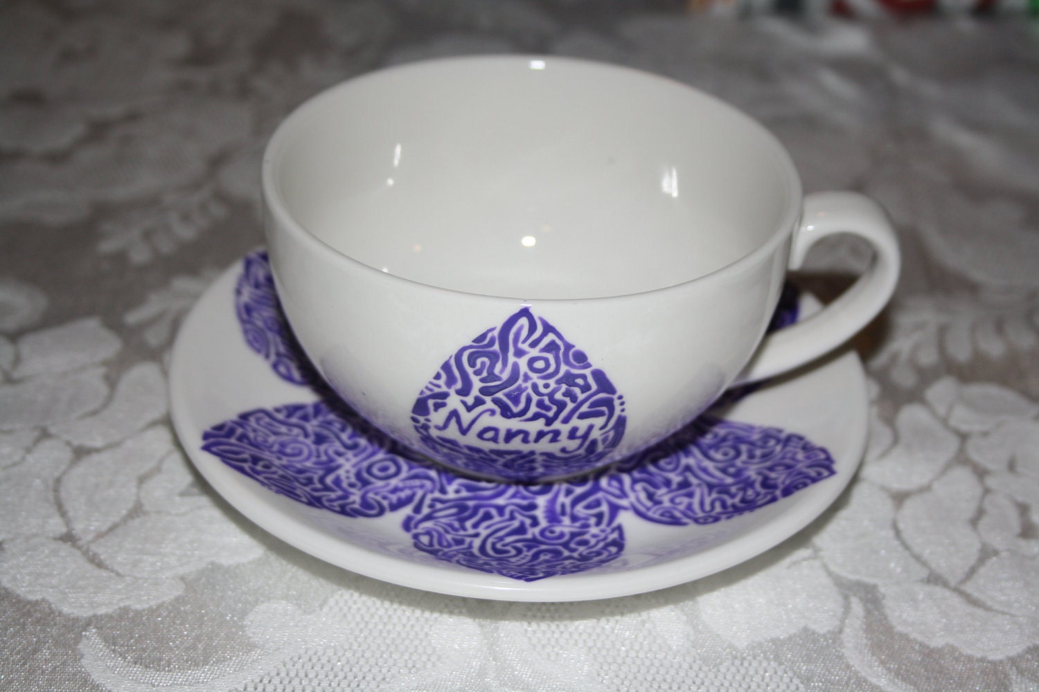 Customised Handdrawn and painted cup and saucer- Purple