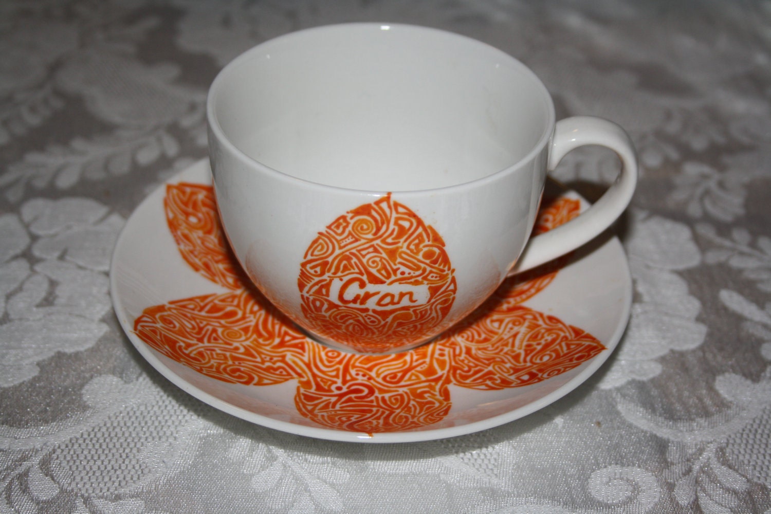 Customised Handdrawn and painted cup and saucer- Orange