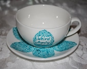 Customised Handdrawn and painted cup and saucer- Aqua / Teal / Peacock