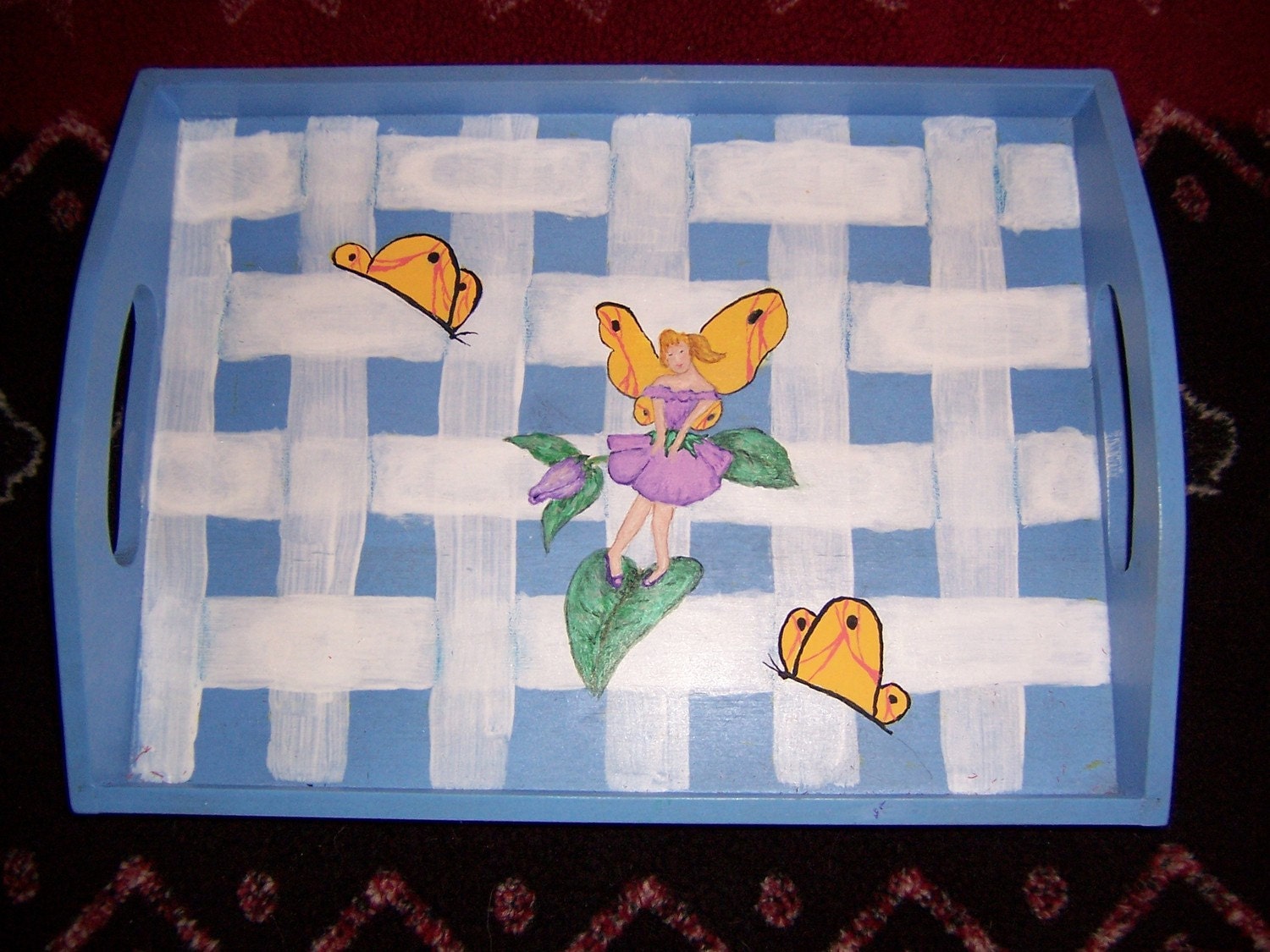 Clearance-- Wood Tray with  Hand Painted Butterfly Fairy
