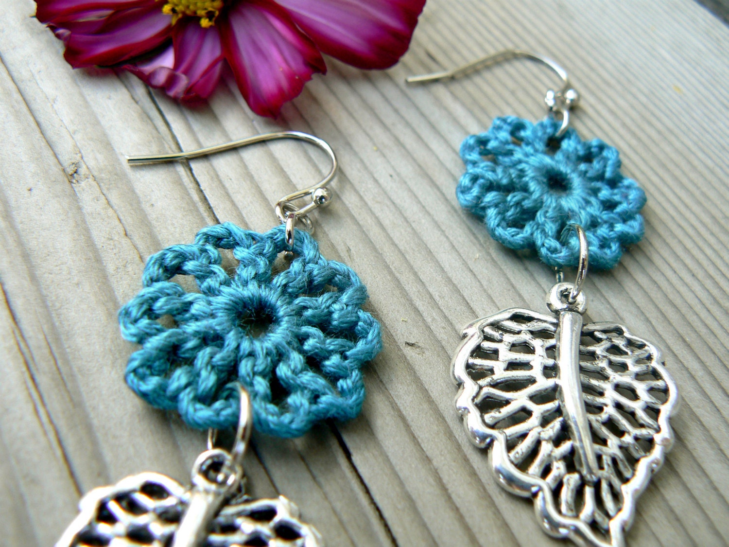 Crocheted Lace Flower Earrings with Filigree Leaf done with Teal Cotton Thread: