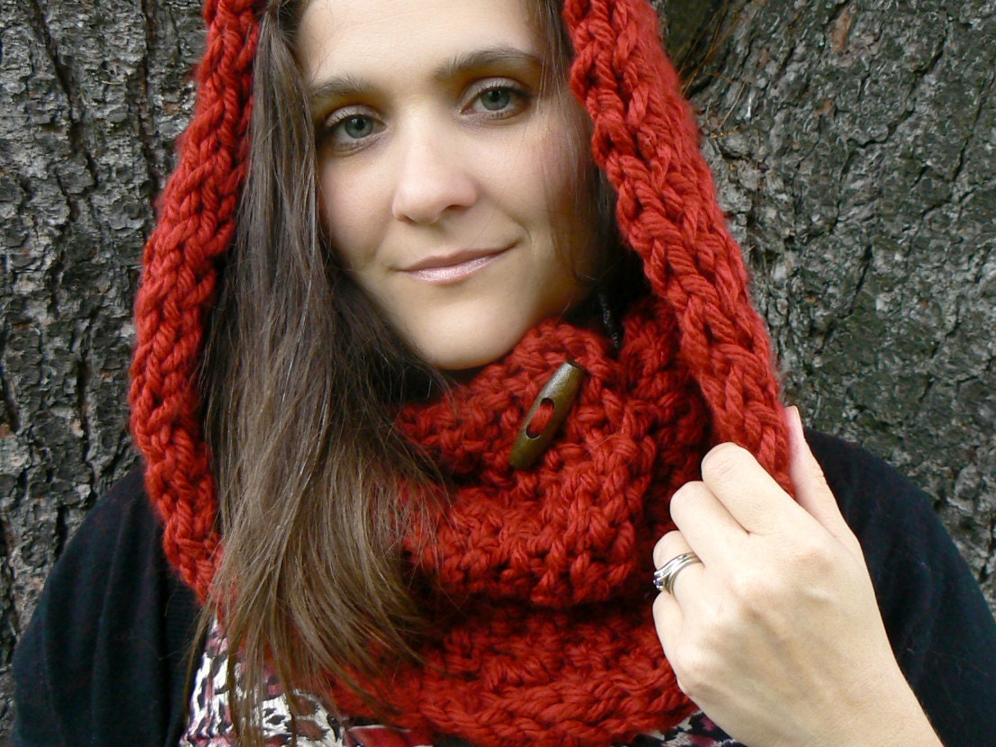 Pick Your Color/ Knox County Cowl Cranberry Red Reversible Vegan Scarf with Big Wood Ellipse Button and Acrylic Yarn