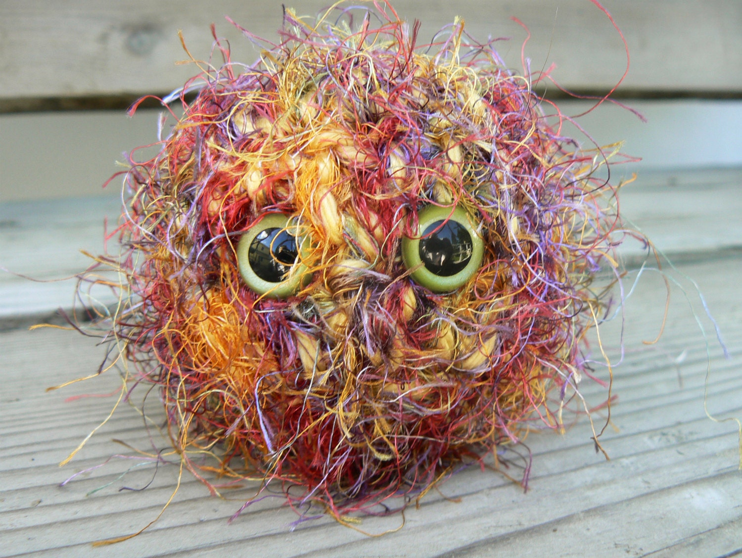 Rainbow Keeper Scrappy Buddy with Light Blue Safety Eyes Crocheted with Acrylic Yarn and Multi Colored Fun Fur