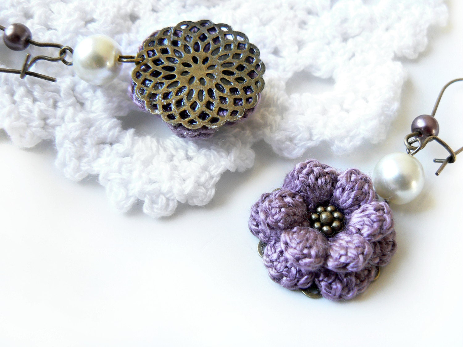 Purple Crochet Flower Earrings with Cream Glass Crystal Pearls, Antique Bronze Ear Wires, and 100% Cotton Thread