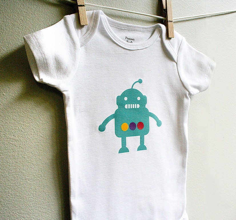 Baby boy onesie, robot, teal blue. Short sleeve. Your choice of size.