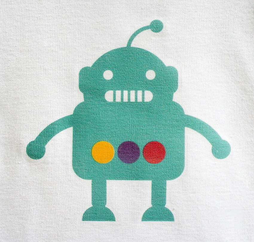 Baby boy onesie, robot, teal blue. Short sleeve. Your choice of size.