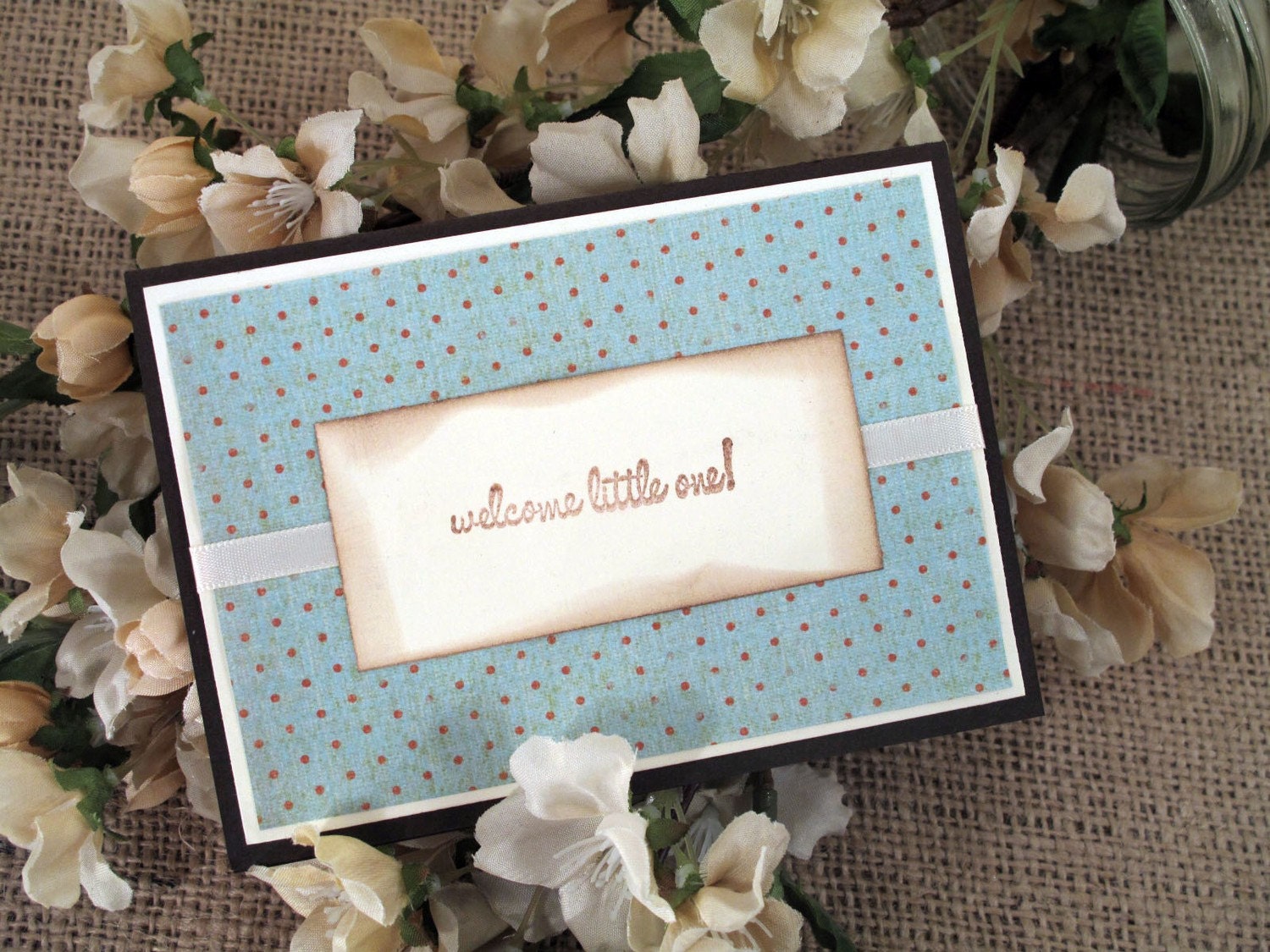 Welcome Little One Blue Polka Dot Unisex Handmade Baby Card