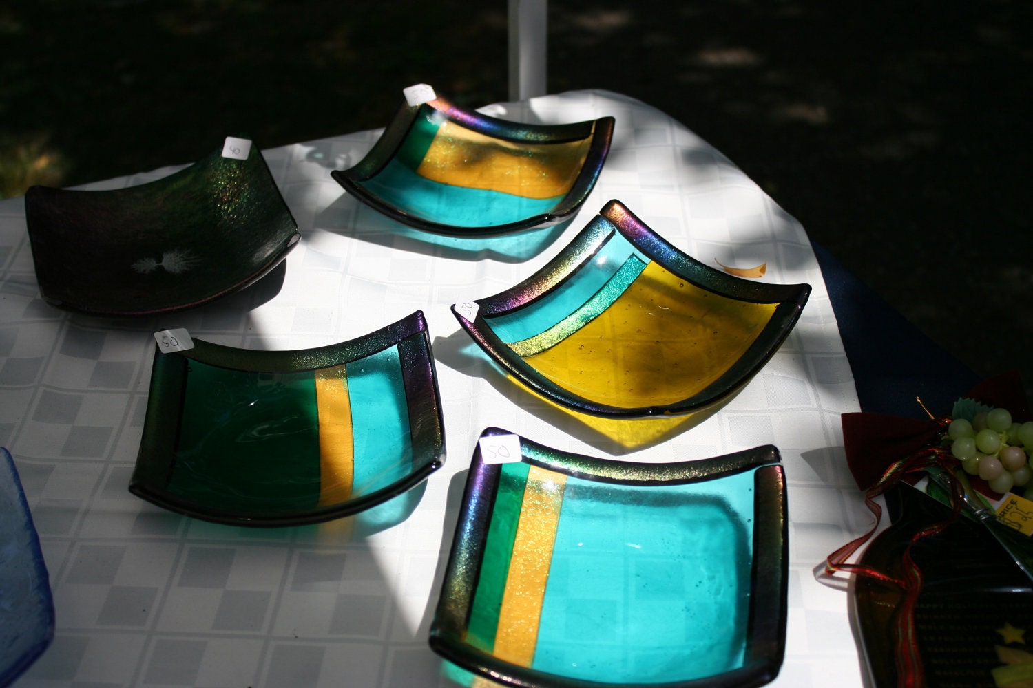Turquoise, yellow and Dark green Striped Dish