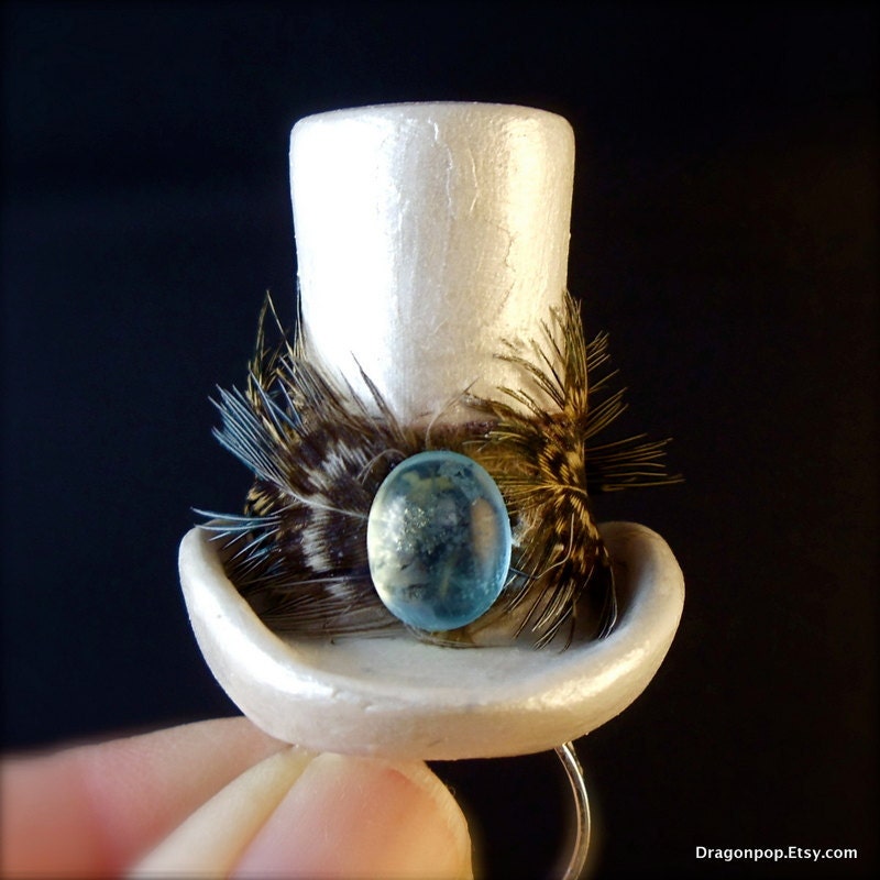 Cocktail Ring Statement Rocker Chic Big Fashion Rings White Top Hat w Feathers and Blue Cabochon Unique Jewelry Adjustable