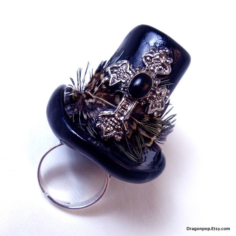 Statement Cocktail Ring Adjustable Steampunk Top Hat w Feathers and Cross Rocker Jewelry Black Chunky Ring