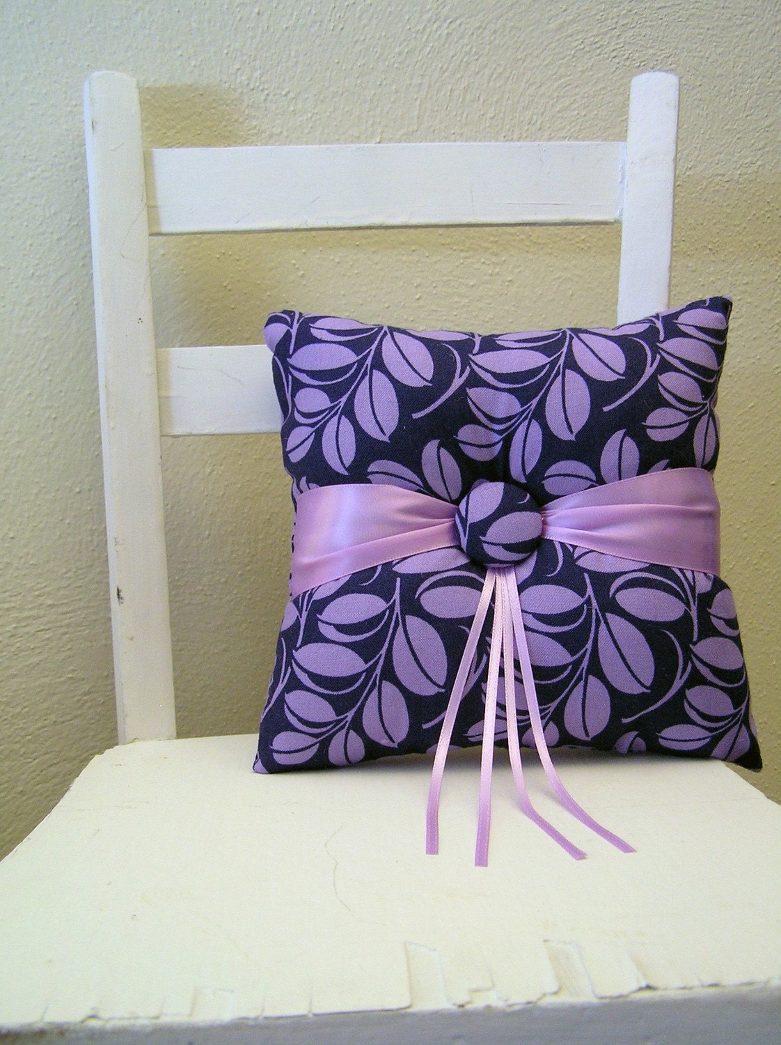 Navy and Lilac Leaves Ring Pillow