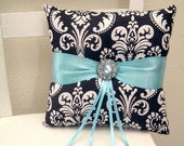 Tiffany and Black Damask Ring Pillow