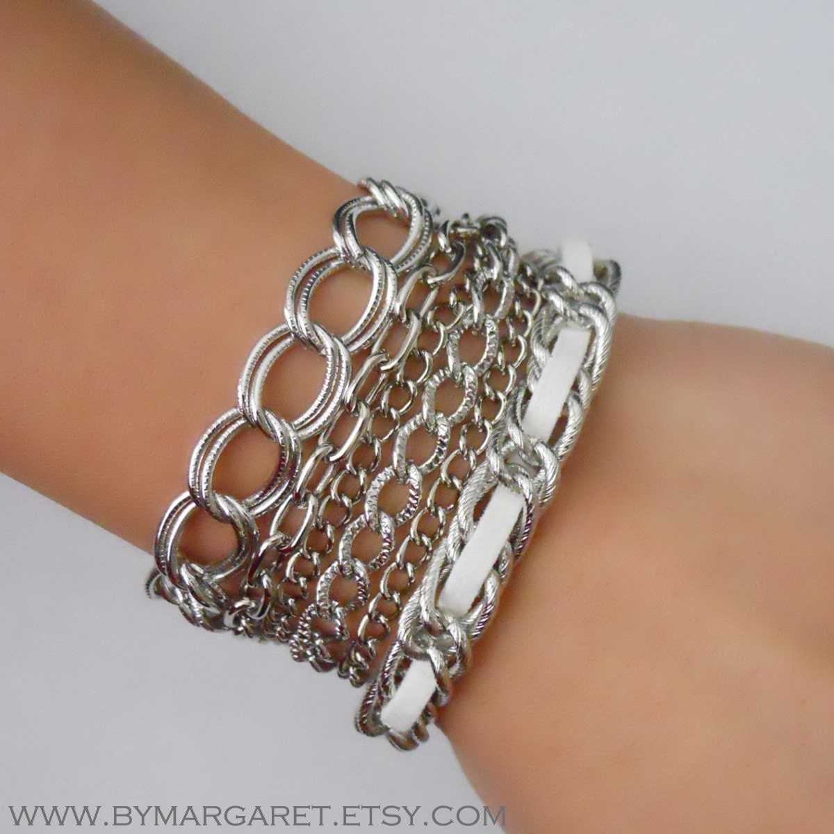 White ASSEMBLY multi-chain bracelet, silver chains, leather suede, friendship bracelet, layered bracelet