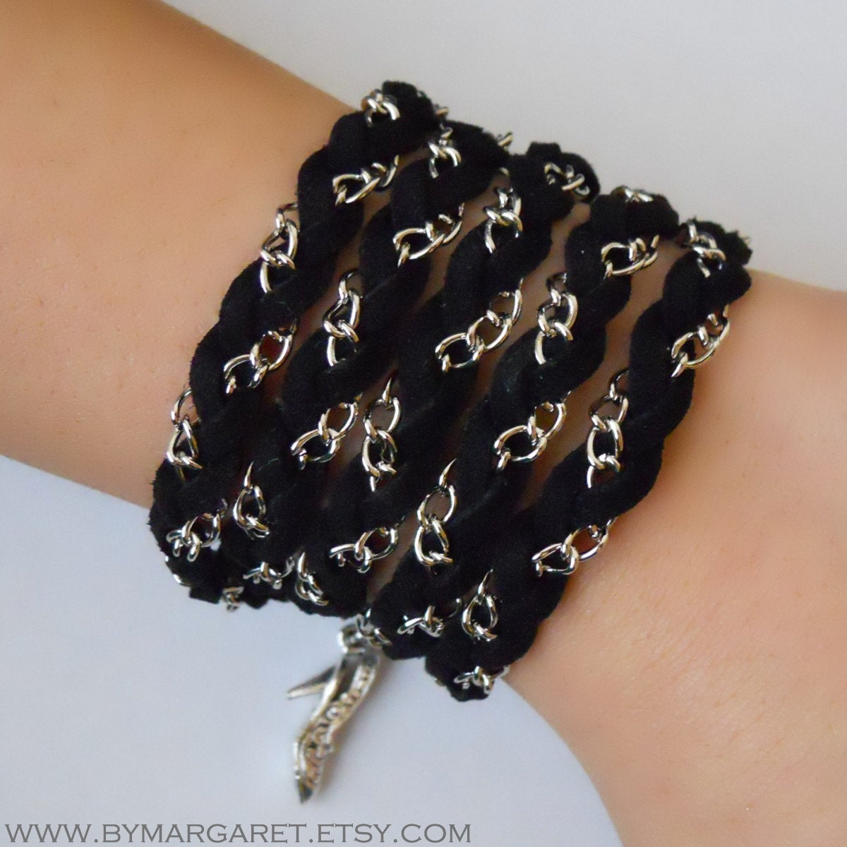 Black TWIST friendship bracelet, charm bracelet, wrap around bracelet, braided bracelet, heel charm