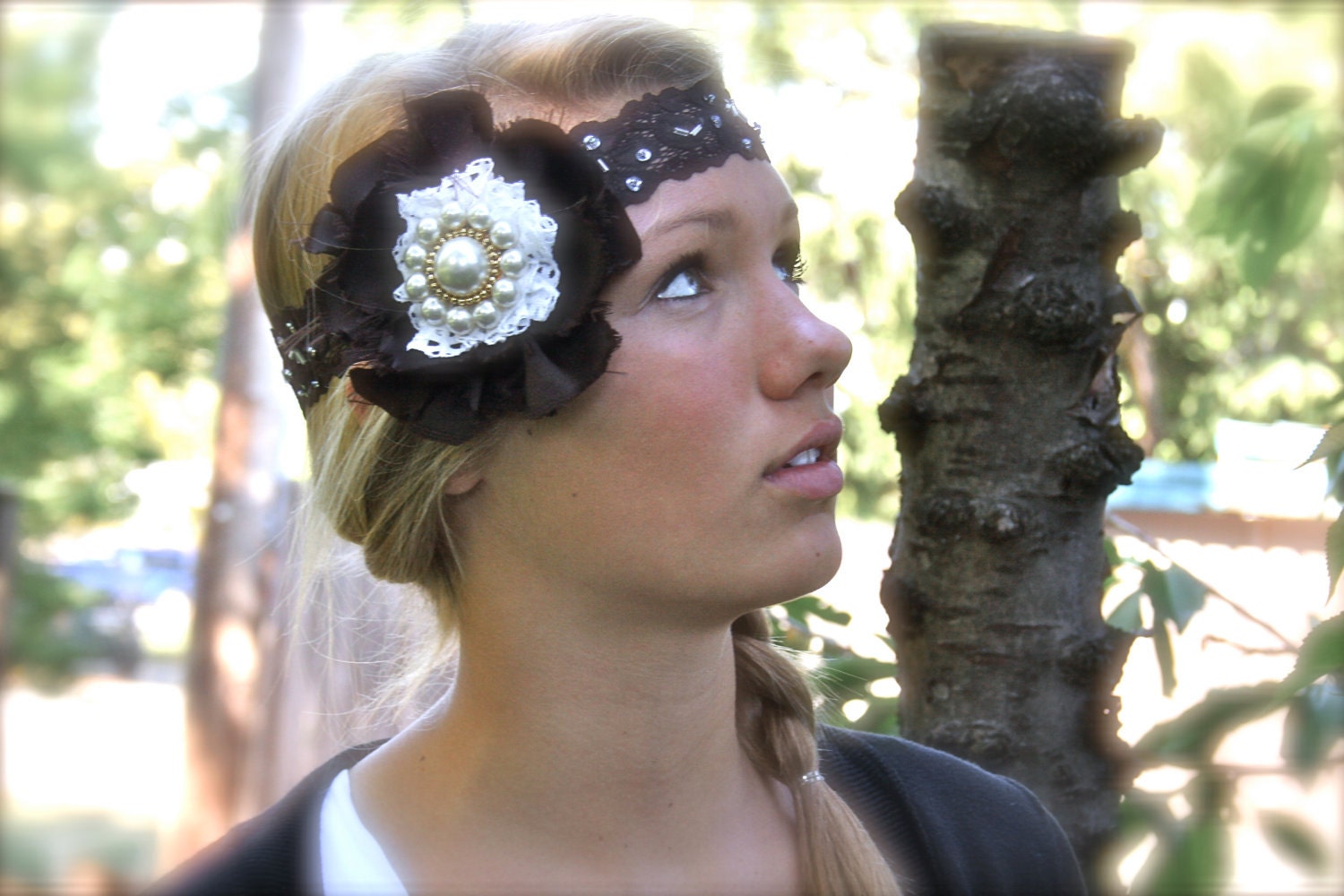 Chocolate Brown Headband - Satin and Pearl Boho Fabric Flower:  Tess