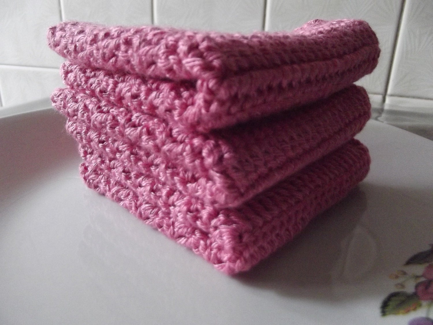 3 Pcs Dark Pink Crochet Cotton Dishcloths...Wash cloths...