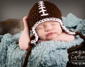Baby Football Hat with Earflaps and Braided Ties, Brown, You Choose Size- Preemie, Newborn, infant