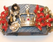 Denim Crown Royal Red Black Rhinestone Vintage Costume Jewelry Coco Cuff