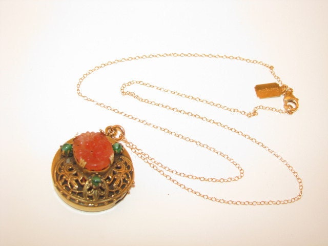 Coral Orange Green Pendant Vintage Costume Jewelry Victorian Slide Pendant Necklace "Madame Wong"
