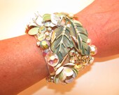 Green Floral Flower Rhinestone Statement Vintage Costume Jewelry Cuff Bracelet