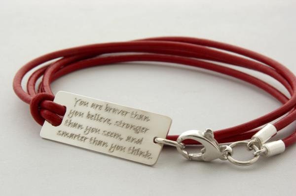 You are braver than you believe... sterling silver inspirational quote leather bracelet ... graduation gift