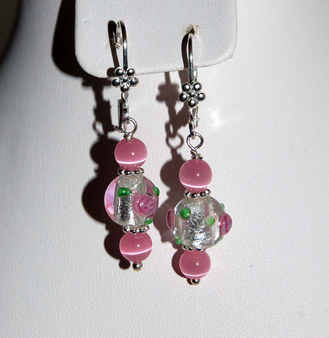 Roses on Ice Earrings -- Lampwork Glass with Cats Eye Rounds