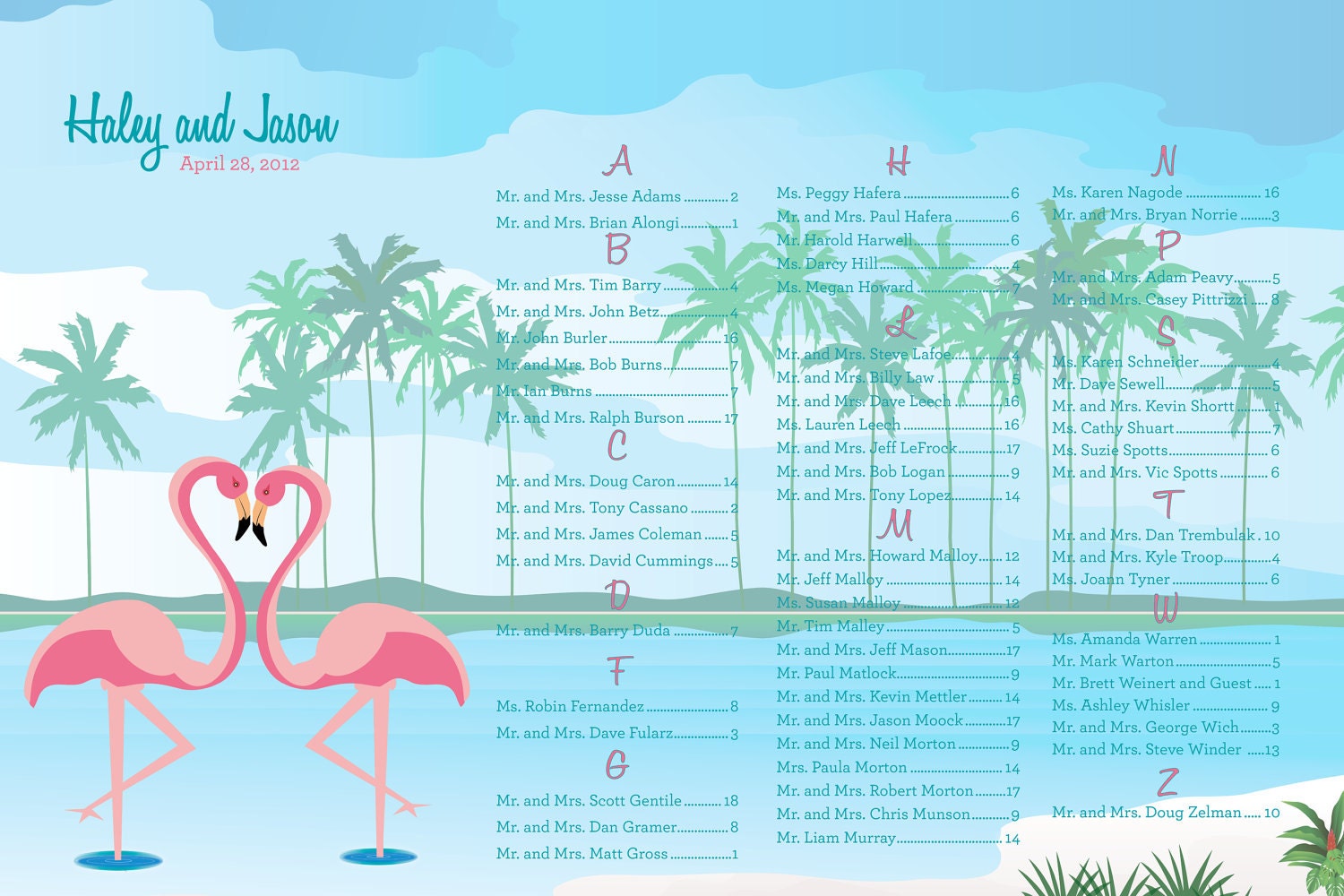 Pink flamingo love birds wedding seating chart Palm trees aqua heart 24 hour turnaround