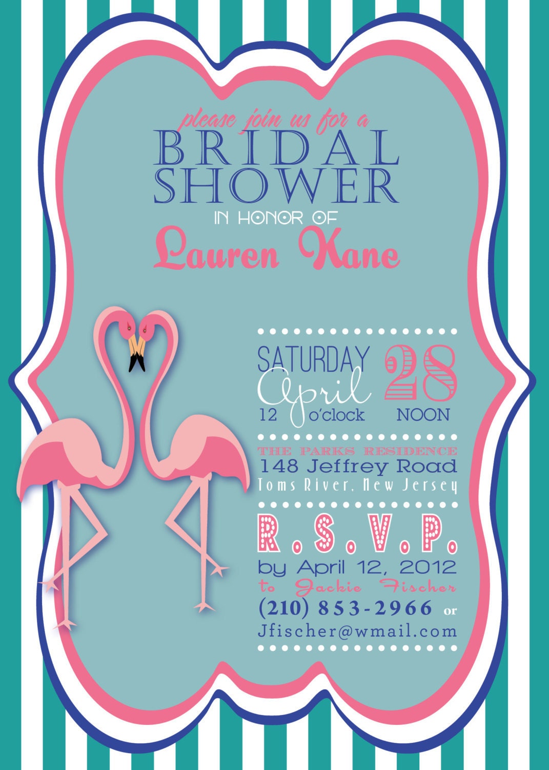 Adorable Flamingo wedding or bridal shower invitation teal pink blue or coral DIY available