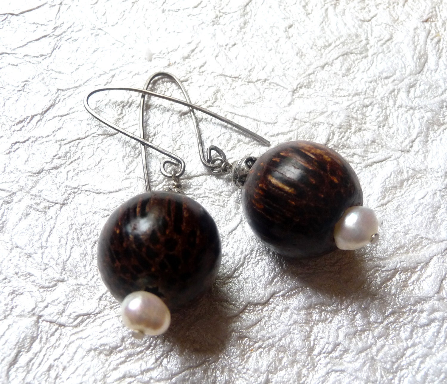 Wood and Pearl Earrings On Silver Filled Artisan Ear Wires