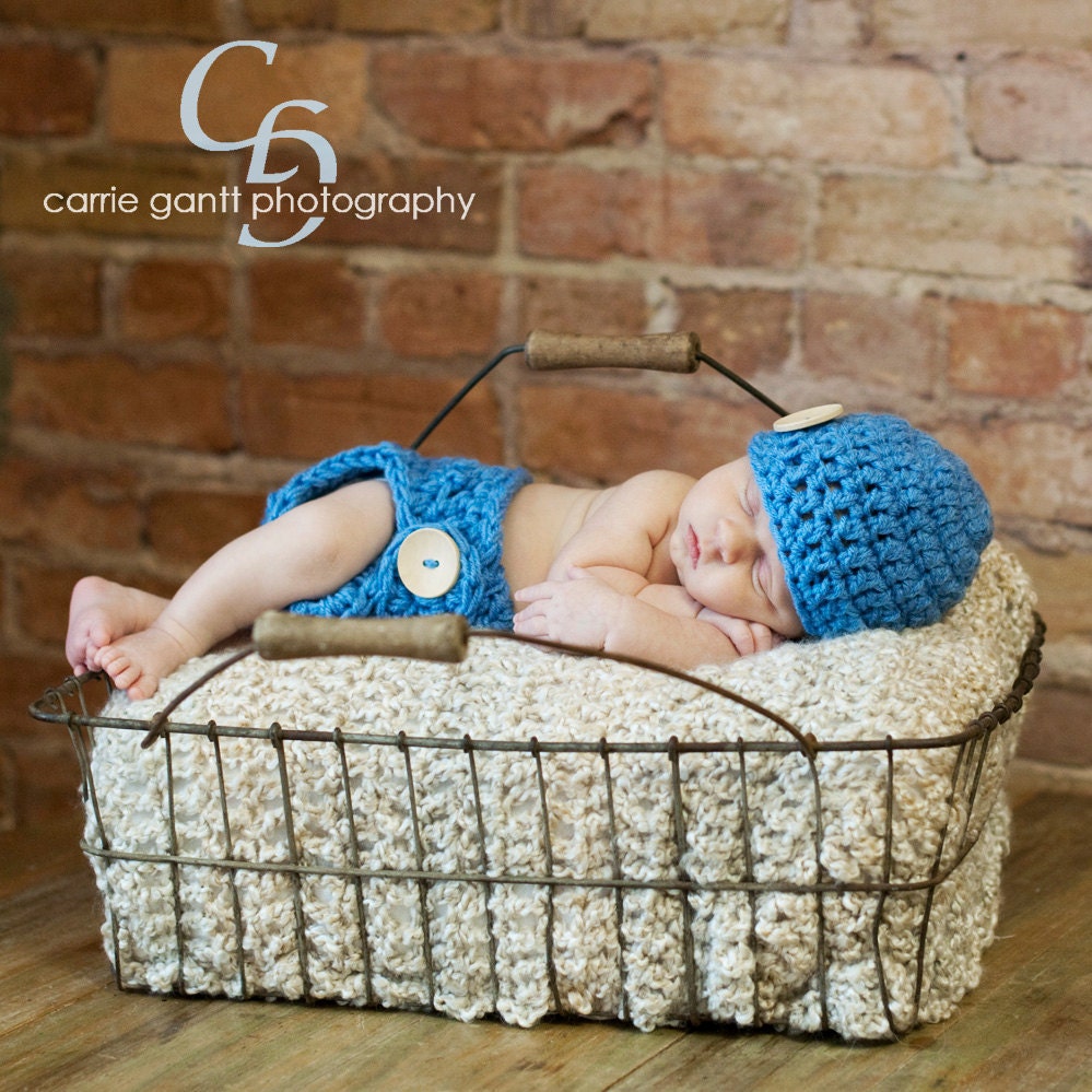 Blue Diaper Cover and Beanie with Wooden Buttons/ you choose size and color / DaddyMackHats