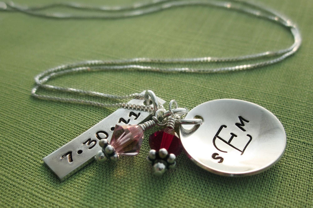 Personalized Monogram Necklace with Wedding Date - Sterling Silver - Hand Stamped Jewelry - Wedding Colors - Gift for Bride