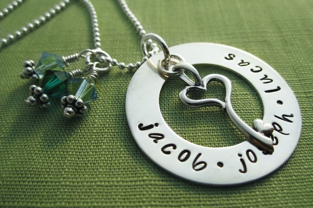 Personalized Mom Jewelry - Washer Necklace in Sterling Silver with Key to My Heart Charm - Swarvoski Birthstone Crystals