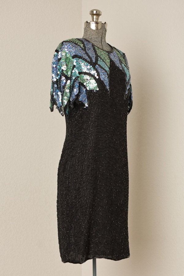 S A L E /// Womens 1980s Vintage Black Sequin Party Dress // Large